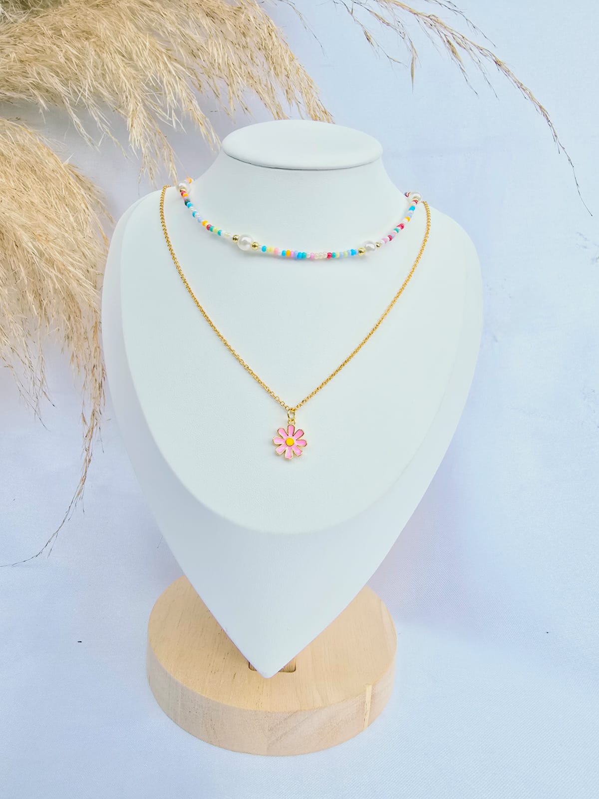 Cadena doble mostacillas mix dije flor